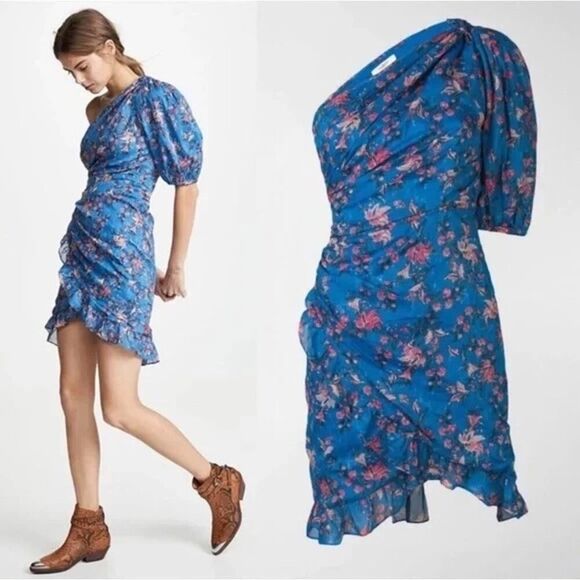 Isabel Marant Étoile Esther Blue Floral One Shoulder Dress Size US 2 XS - Picture 1 of 15